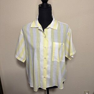 Robin Ross Large Vintage Cotton Blend YellowStriped Short Sleeve Button-Up Shirt